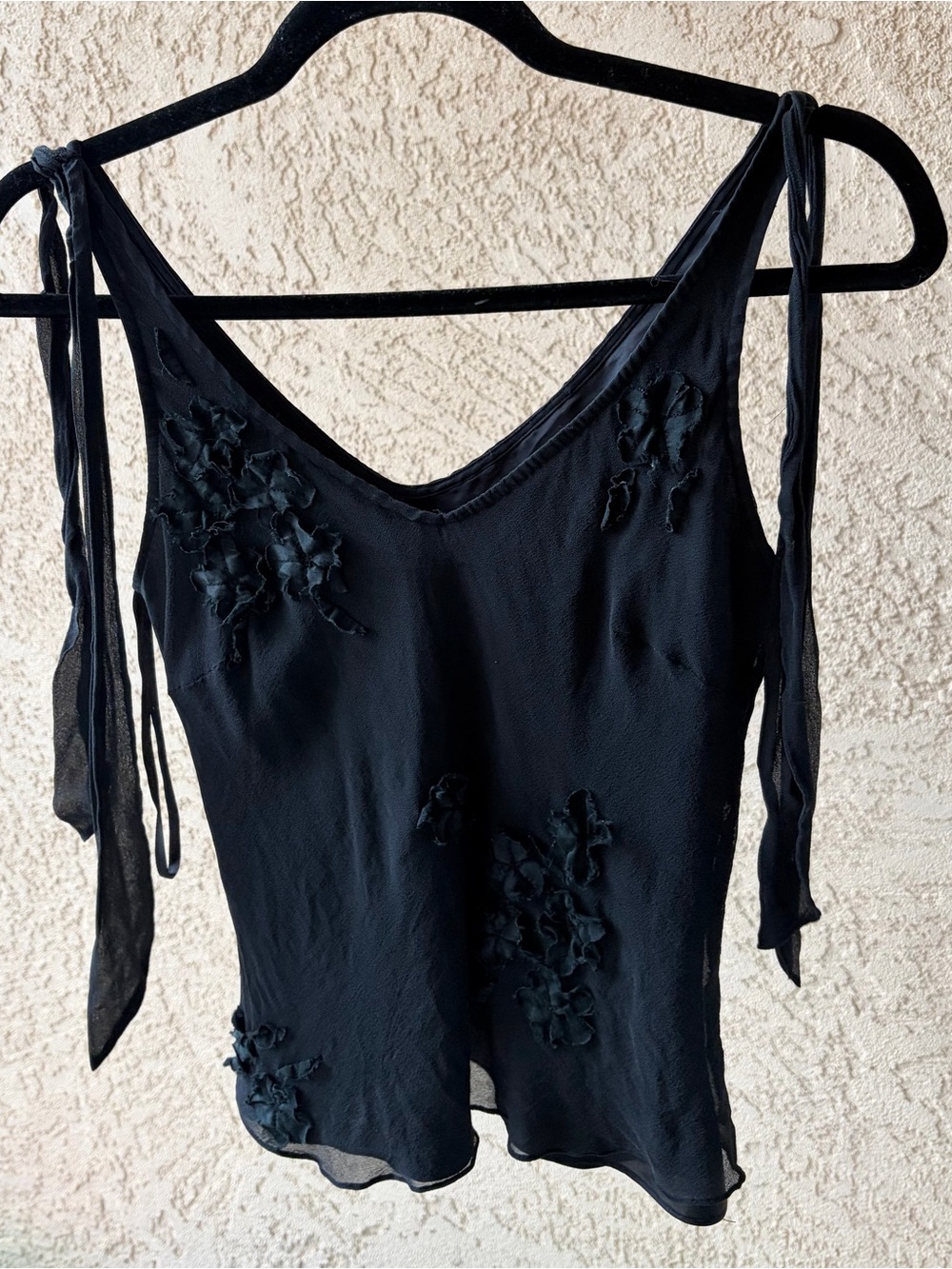 Elegant Black silk Floral Appliqué Tie-Shoulder Women's Top